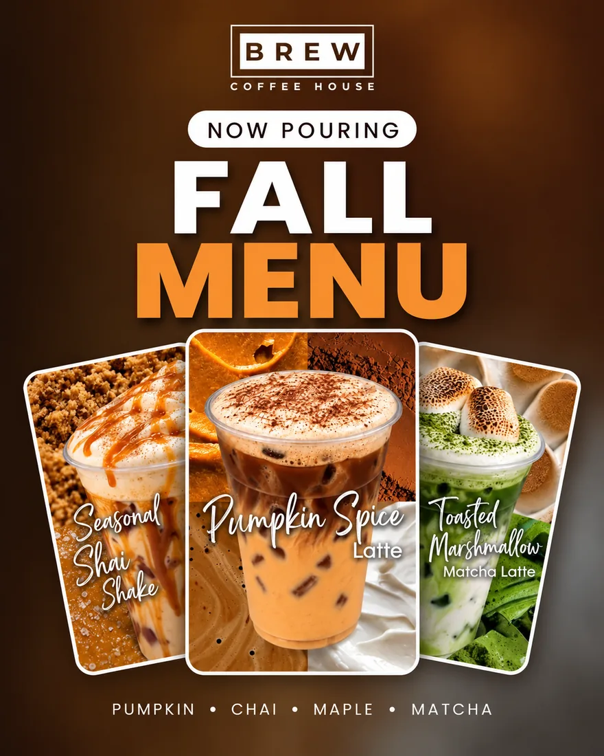 Now pouring: Brew's fall menu, featuring Seasonal Chai Shake, Pumpkin Spice Latte and Toasted Marshmallow Matcha Latte.