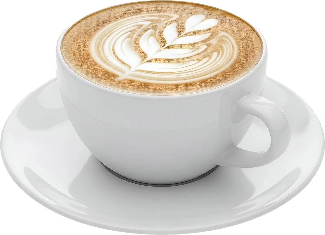 Latte with leaf latte art in a white cup and saucer
