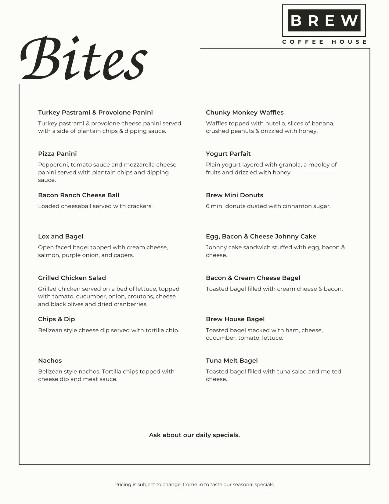 Brew Coffee House bites menu